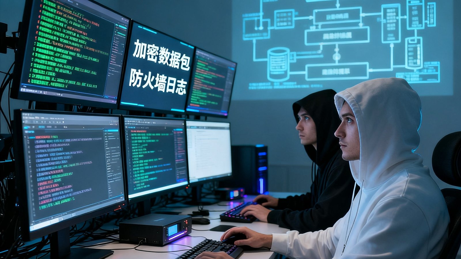 安全实验室内，两名白帽黑客坐在多屏幕工作站前，屏幕上滚动显示着加密数据包和防火墙日志，墙上投影着OB视讯安全架构拓扑图，气氛专注而紧张。